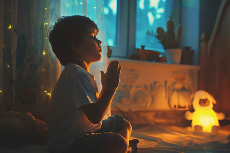 Latin American boy prays to god in dark children room. Cinematic effectの素材