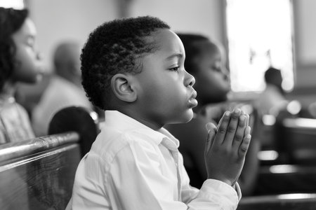African American boy praying in churchの素材