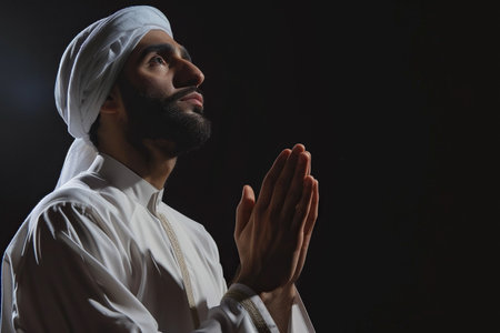 Arabian man prays to god on black studio backgroundの素材