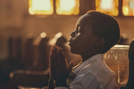 African American boy praying in churchの素材