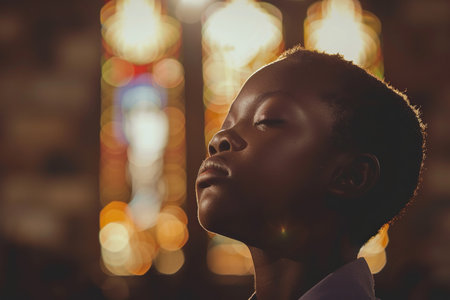 African American boy praying in churchの素材