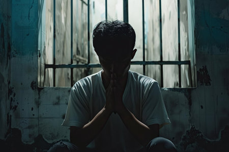 Asian man prays to god in dark prison. Cinematic effectの素材