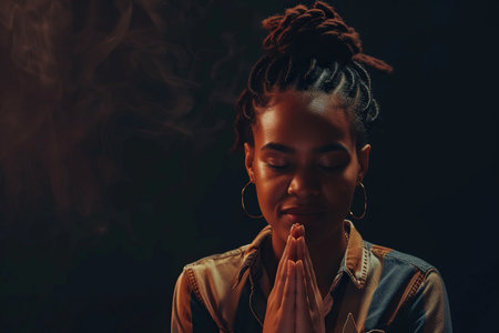 African American woman prays to god on black studio backgroundの素材