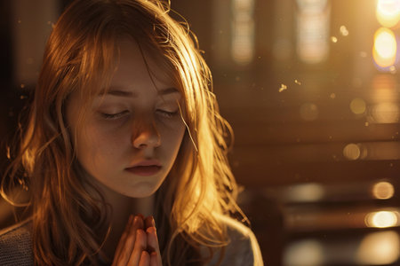 Caucasian girl praying in church. Cinematic effectの素材