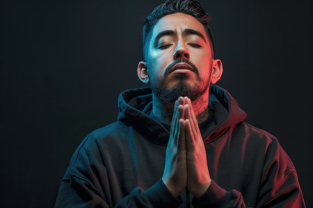 Hispanic man prays to god on dark studio background. Cinematic effectの素材