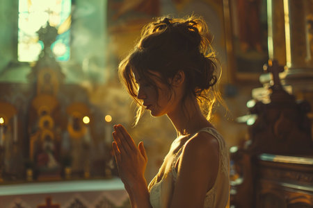 Caucasian woman praying in church. Cinematic effectの素材