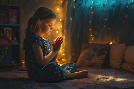 Caucasian girl prays to god in dark children room. Cinematic effectの素材