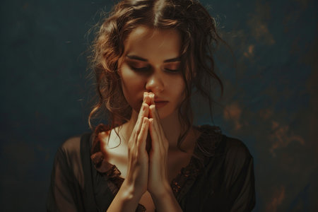 Caucasian woman prays to god on dark studio background. Cinematic effectの素材