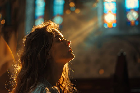 Caucasian girl praying in church. Cinematic effectの素材