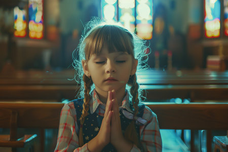 Caucasian school girl praying in church. Cinematic effectの素材