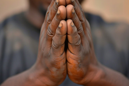 Faithful Hands in Prayer - A Biracial Man Thanks God for Peace and Good Luckの素材