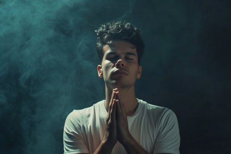 Hispanic man prays to god on dark studio background. Cinematic effectの素材