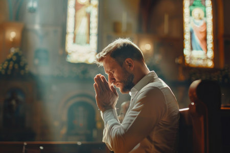 Caucasian man praying in church. Cinematic effectの素材