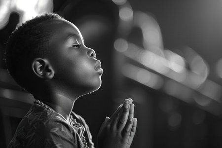 African American boy praying in churchの素材