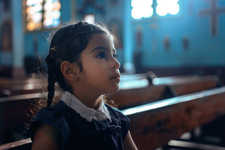 Latin American school girl praying in church. Cinematic effectの素材