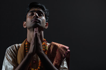 Indian man prays to god on black studio backgroundの素材