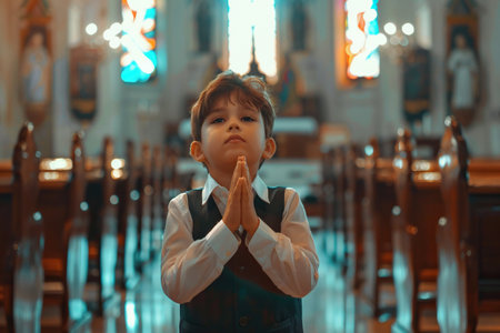 Latin American school boy praying in church. Cinematic effectの素材