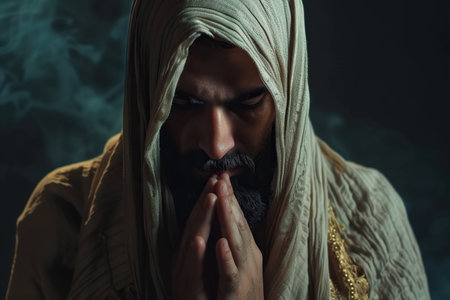 Arabian man prays to god on dark studio background. Cinematic effectの素材