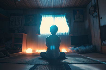 Japanese boy prays to god in dark children room. Cinematic effectの素材