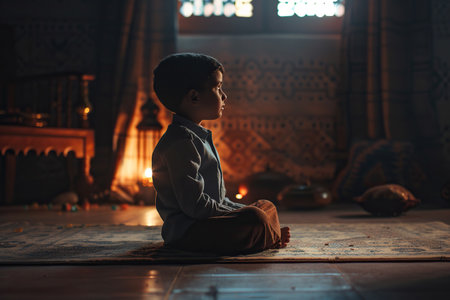 Arabian boy prays to god in dark children room. Cinematic effectの素材