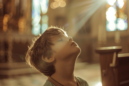 Caucasian boy praying in church. Cinematic effectの素材