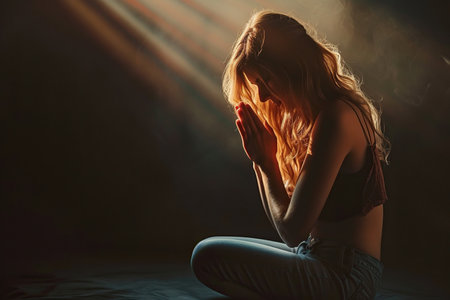 Caucasian woman prays to god on dark studio background. Cinematic effectの素材