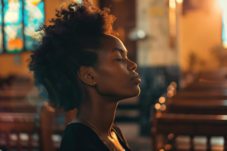 Black woman praying in church. Cinematic effectの素材