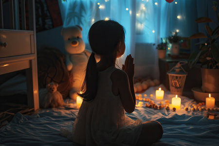 Latin American girl prays to god in dark children room. Cinematic effectの素材