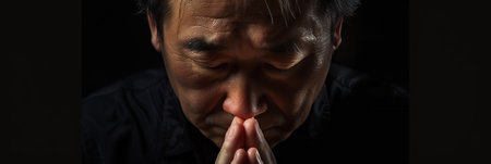 Japanese man prays to god on black studio backgroundの素材