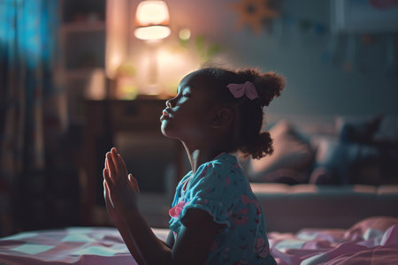 African American girl prays to god in dark children room. Cinematic effectの素材