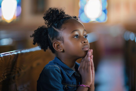 African American school girl praying in church.の素材