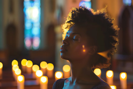 Black woman praying in church. Cinematic effectの素材