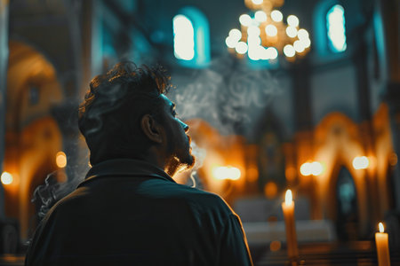 Latin American man praying in church. Cinematic effectの素材