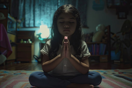 Latin American girl prays to god in dark children room. Cinematic effectの素材