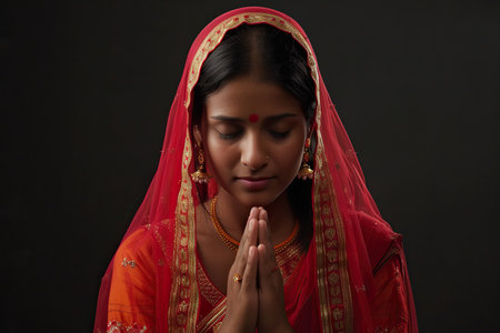 Indian woman prays to god on black studio backgroundの素材