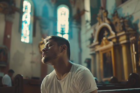 Latin American man praying in church. Cinematic effectの素材