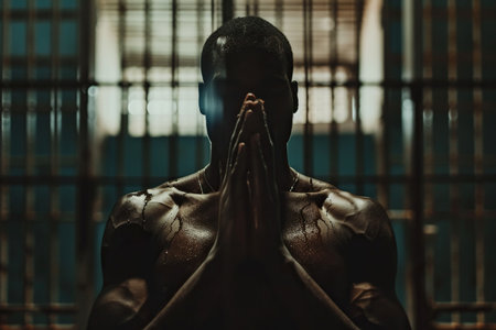 African American man prays to god in dark prison. Cinematic effectの素材