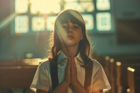 Caucasian school girl praying in church. Cinematic effectの素材
