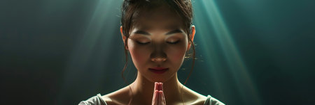 Asian woman prays to god on dark studio background. Cinematic effectの素材