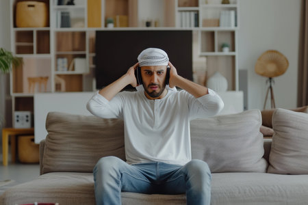 Dissatisfied and angry young Arabian man sitting on sofa at home and covering ears from excessive noiseの素材