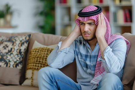 Dissatisfied and angry young Arabian man sitting on sofa at home and covering ears from excessive noiseの素材