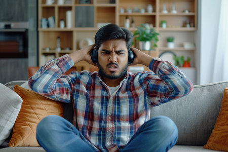 Dissatisfied and angry young Indian man sitting on sofa at home and covering ears from excessive noiseの素材