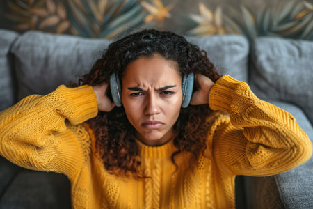 Dissatisfied and angry young Latin American woman sitting on sofa at home and covering ears from excessive noiseの素材
