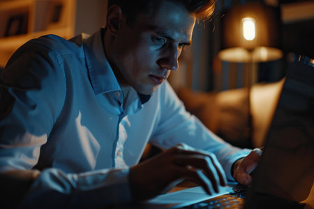 Focused business man typing at laptop in office closeup. Guy surfing internetの素材