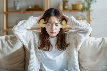 Dissatisfied and angry young Japanese woman sitting on sofa at home and covering ears from excessive noiseの素材