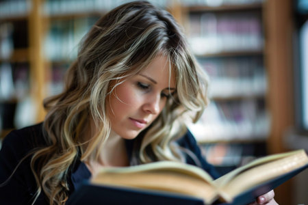 Focused Caucasian business woman reading a book in office closeup.の素材