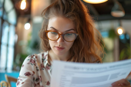 Young woman entrepreneur analyzing papers at office close up. Businesswoman workの素材