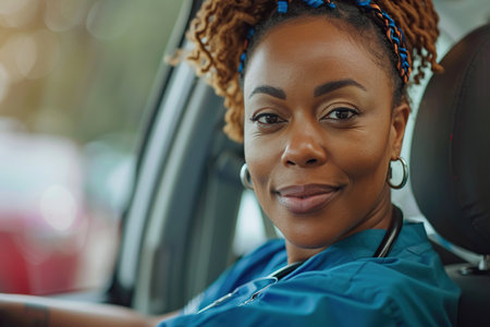 Female nurse sitting in car, going home from work. Female African American doctor driving car to work, on-call duty. Work-life balance of healthcare worker.の素材