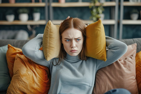 Dissatisfied and angry young woman sitting on sofa at home and covering ears from excessive noiseの素材