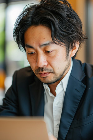 Focused Japanese business man typing at laptop in office closeup. Guy surfing internetの素材